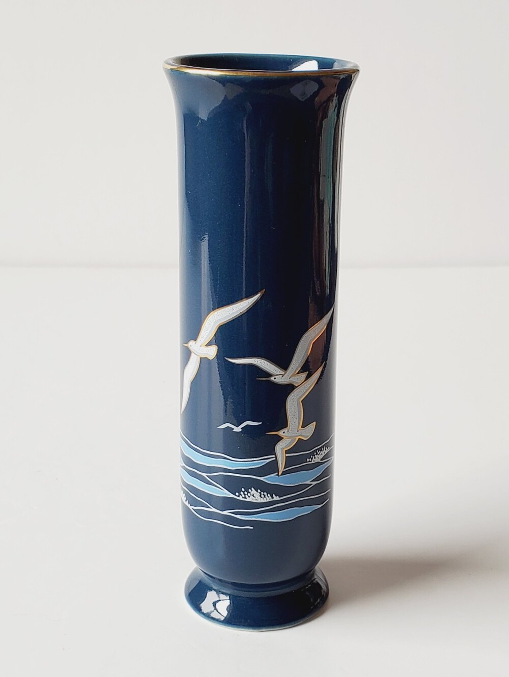 Vintage Otagiri Japan Cobalt Blue Gold Seagull Ceramic Cylindrical Bud Vase 6.5"